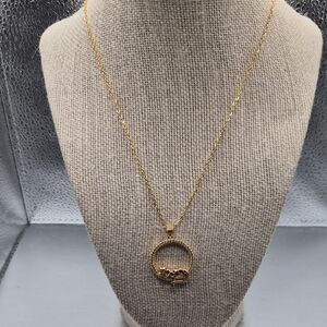 Gold Circle Pendant Necklace with Cat Accent - Women Jewelry